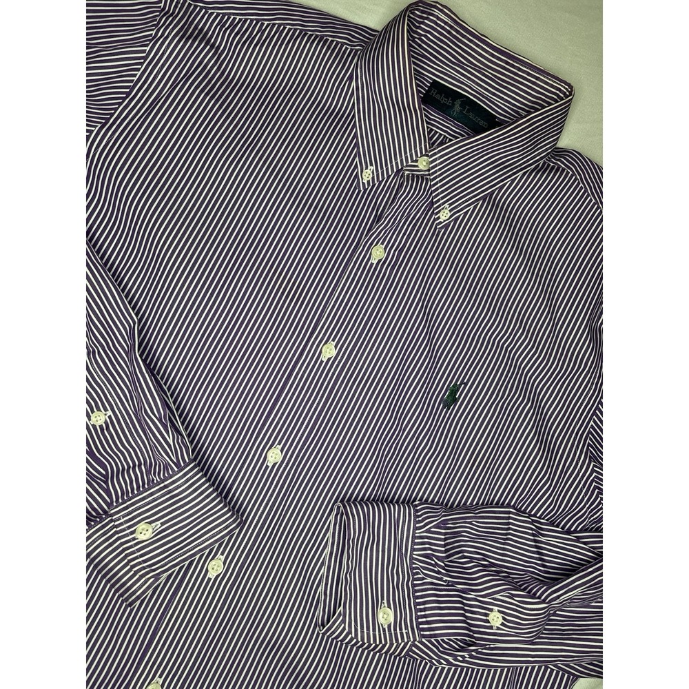 Ralph Lauren Long Sleeve Button-Down Shirt Purple Stripe Men's XL Green‎ Pony